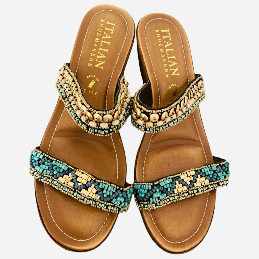 Italian Shoemakers Sandals 9 Beaded Faux Wood Boho Slides - Picture 3 of 7